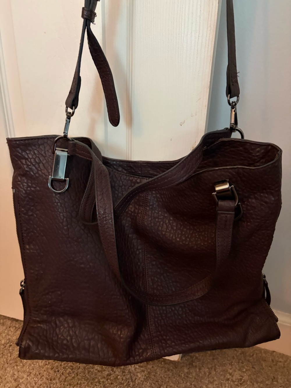 Vince Camuto Burgundy Chocolate Pebbled Leather Shoulder Tote